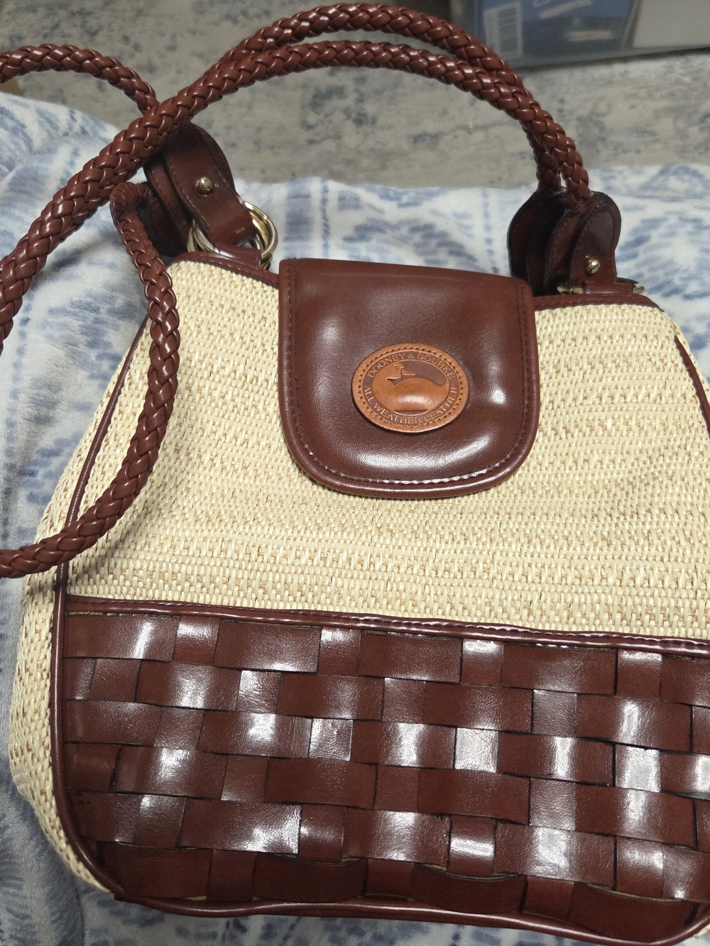 Dooney & Bourke Cream Straw and Brown Leather Woven Shoulder Bag